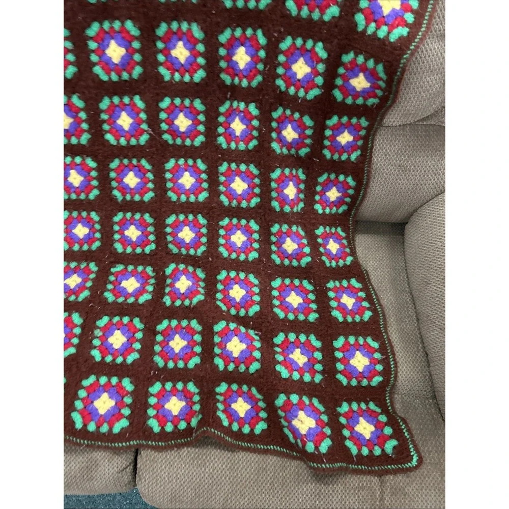 Vtg 70s Brown Multicolor Flower Square Afghan Blanket Granny Crochet Throw 48x60